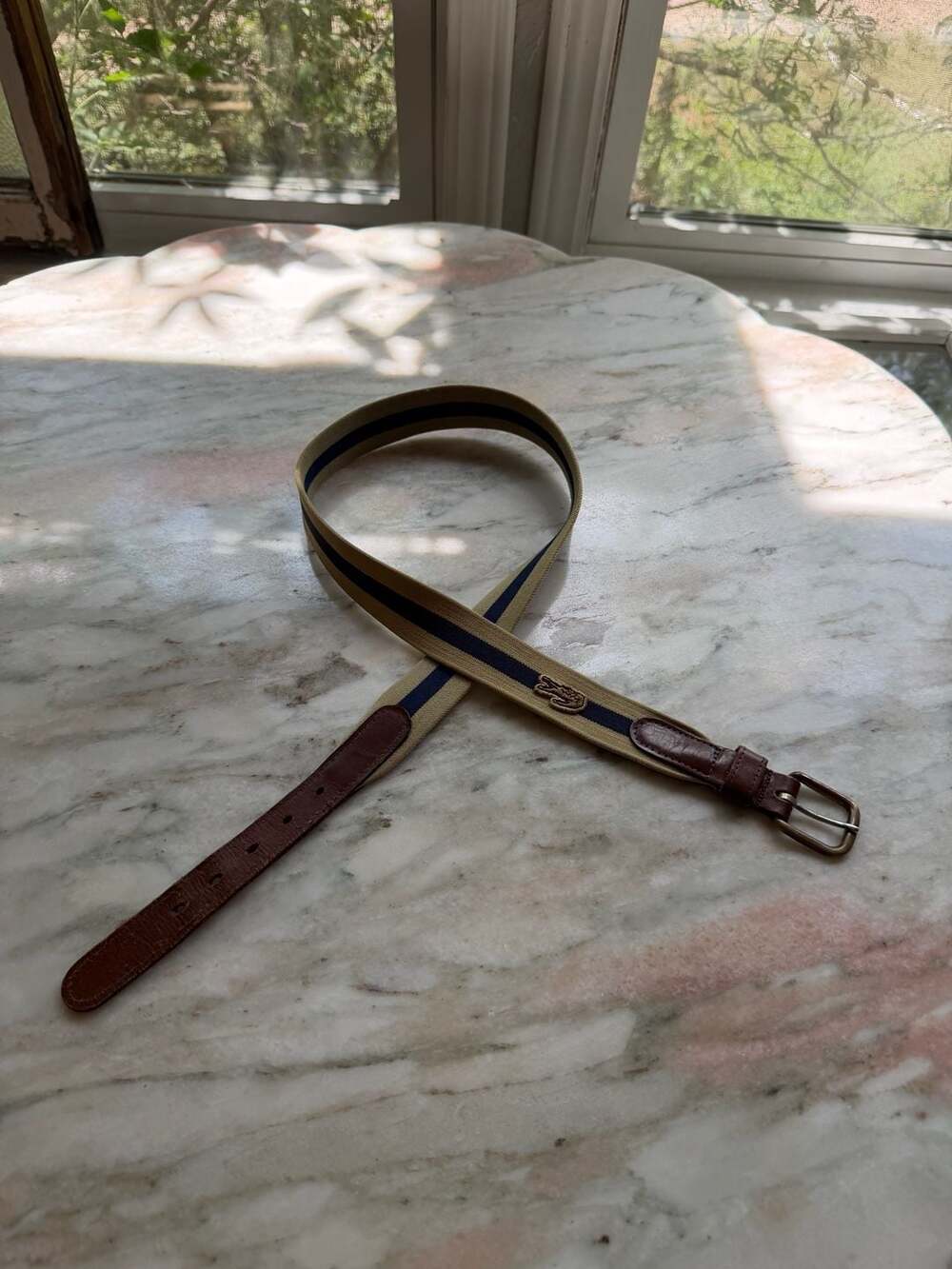 Vintage Lacoste Khaki and Navy Striped Canvas Belt with Leather Trim and Solid B